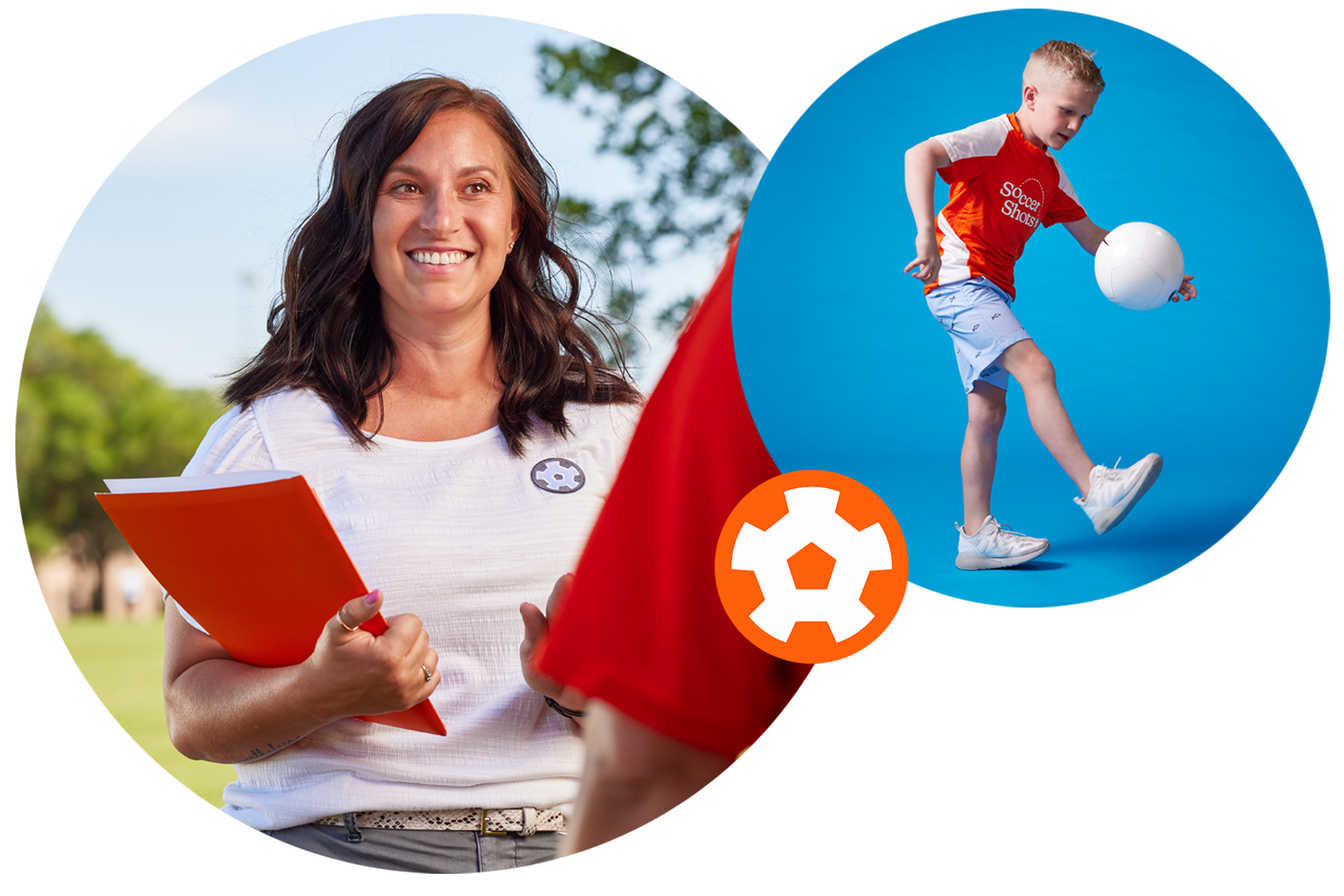 Franchisee talking to coach; Boy in Soccer Shots jersey juggling a soccer ball